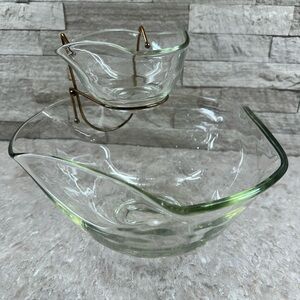Indiana Glass Modern Tri Top Chip Dip Bowls and Holder Clear Glass VTG 1960s